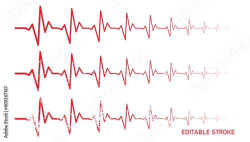 Editable retro stroke heart diagram set, descending, red EKG, cardiogram, heartbeat line vector design to use in healthcare, healthy lifestyle, medical laboratory, cardiology project. 