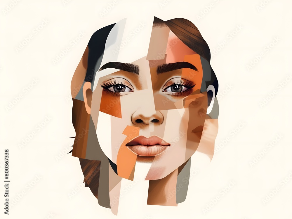 Contemporary art collage. Modern design. Female face made from different face parts of women of various races. Concept of beauty standards, multi ethnicity, friendship, diversity, human rights - obrazy, fototapety, plakaty 