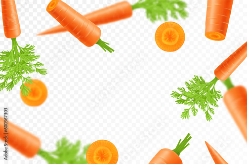 Falling carrots isolated on transparent background. Flying whole and sliced vegetable with blurry effect. Can be used for advertising, packaging, banner, poster, print. vector flat design