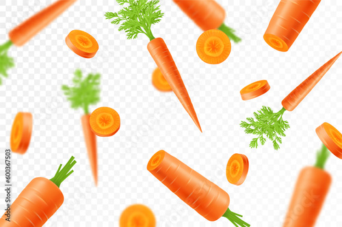 Falling carrots isolated on transparent background. Flying whole and sliced vegetable with blurry effect. Can be used for advertising, packaging, banner, poster, print. vector flat design