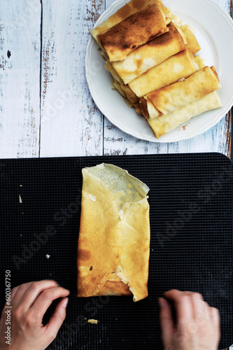 Polish traditional vegetarian krokiety snack served for breakfast. Croquet are filled with meet, fried in oil, and served as an appetizer, side dish, or dinner photo