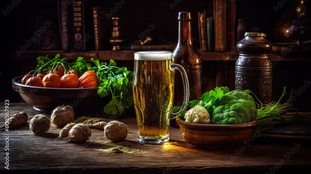 Mug of beer with wegetables on wooden table background. Still life. Copy space. Ai generated Mug of beer with wegetables on wooden table background. Still life. Copy space. Ai generated