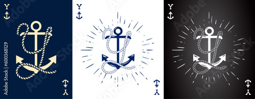 Set of three Vintage Label with an Anchor and Letter made of Ship Rope. Apparel t-shirt or Poster Design. Logotype Monogram with Playing Cards Style. Vector illustration.
