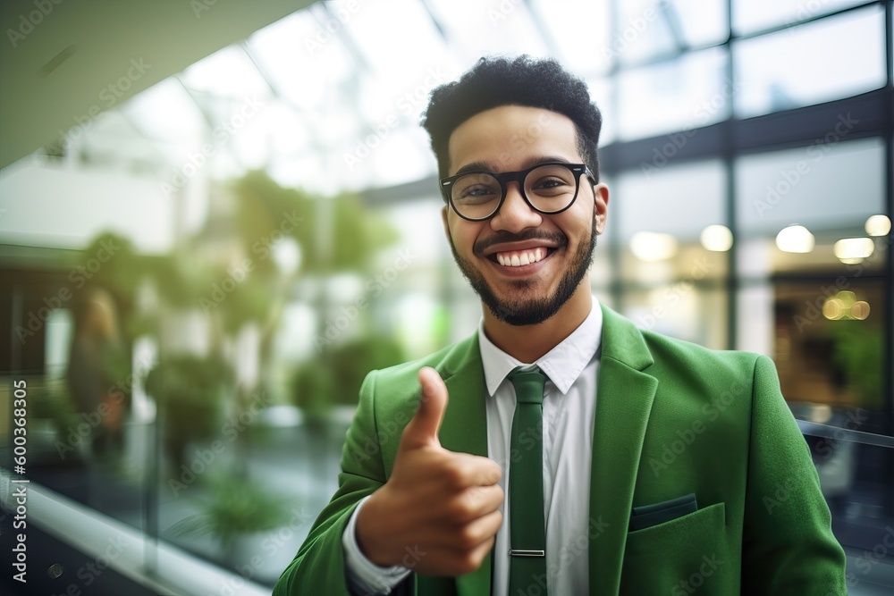 A fictional person. Cheerful young businessman in eco-friendly office promoting sustainability
