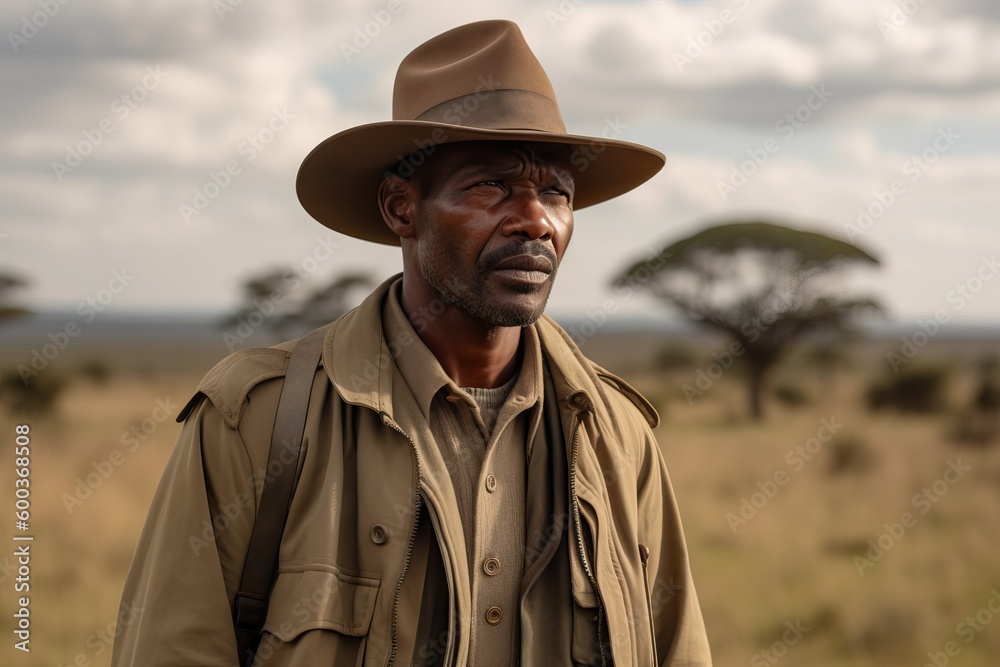 A fictional person. Confident Male Safari Ranger with Khaki Uniform and Wide-brimmed Hat