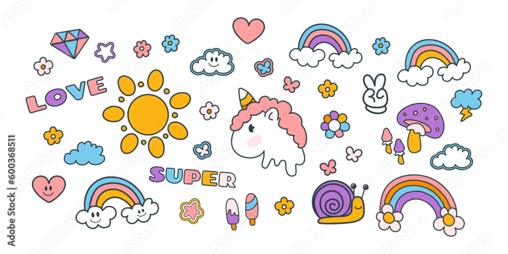 Set of funny cartoon doodle elements. Illustration in y2k style for sticker pack, poster, card design. Hand drawn collection isolated on white background. Vector 