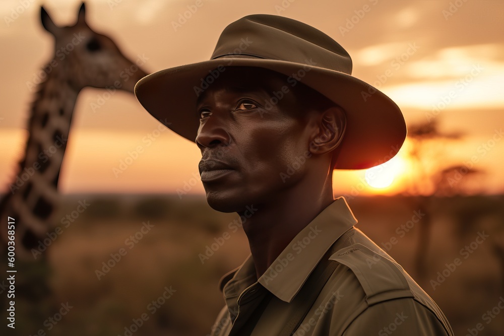 A fictional person. Confident Male Safari Ranger with Giraffes in the Background