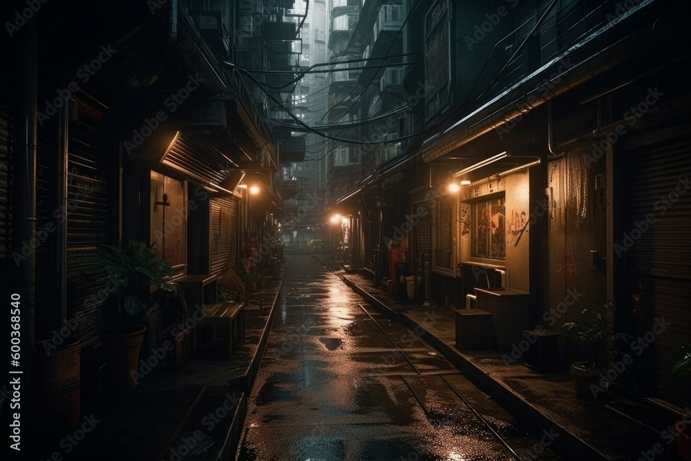 City narrow alley street night. Generate Ai