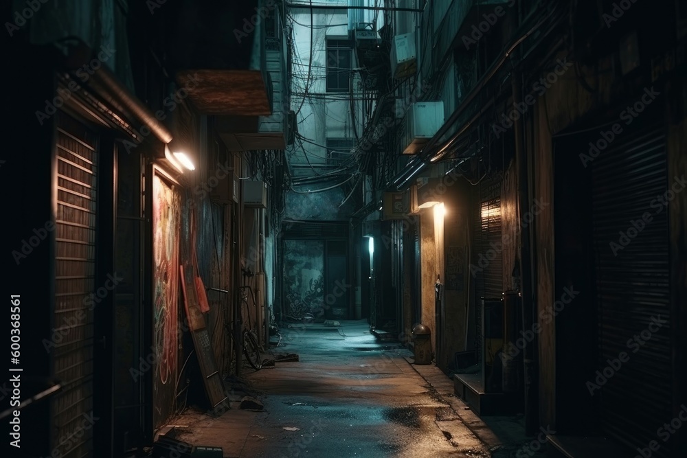 City narrow alley night light. Generate Ai