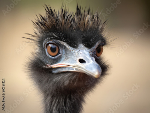 Close-up head portrait of an emu. Generative AI