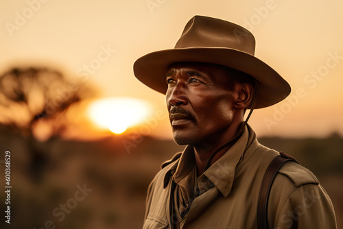 A fictional person. Confident Male Safari Ranger with Khaki Uniform and Wide-brimmed Hat © Dangubic