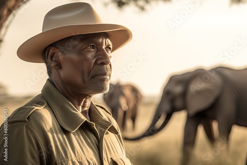 A fictional person. Seasoned Safari Ranger and Majestic Elephants in African Savanna © Dangubic