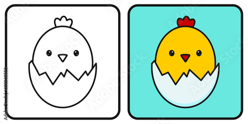 Coloring book for children. Coloring page. A chick peeks out of an eggshell. A newborn chick. Vector illustration.
