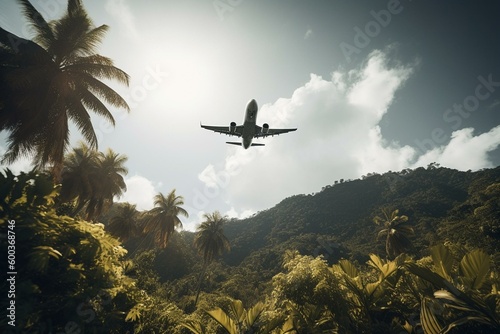 Scenic tropical landscape with soaring plane passing overhead. Generative AI