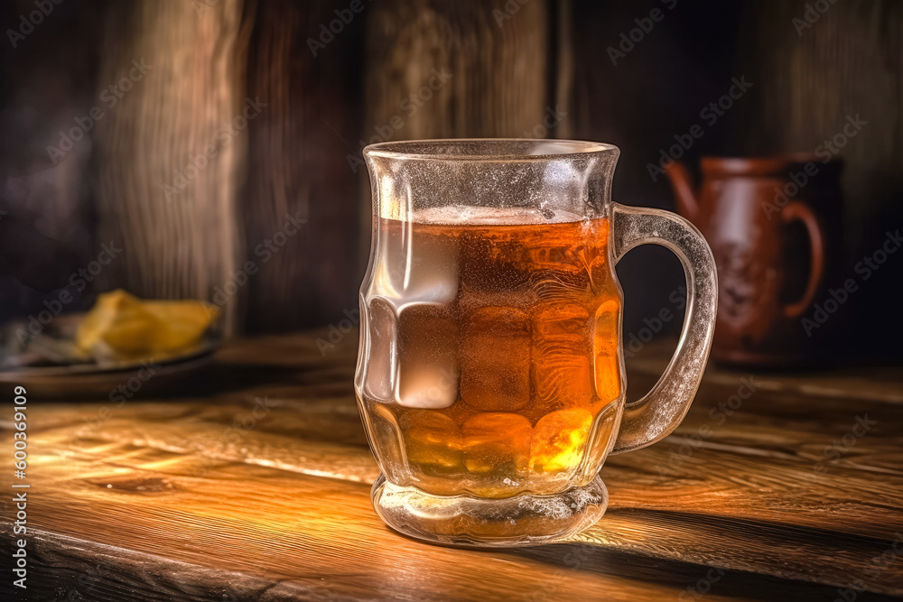Beer glass with white beer foam on a wooden table background. Ai generated