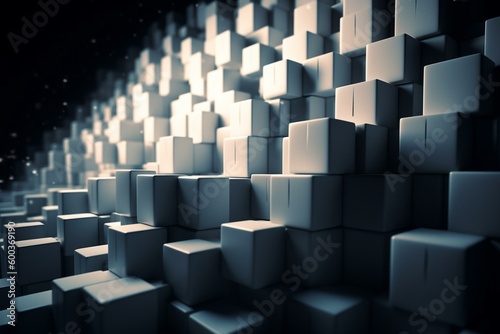 Abstract box block pattern with white cubes  rotated and shifted against dark background. Room for text with banner format. Generative AI