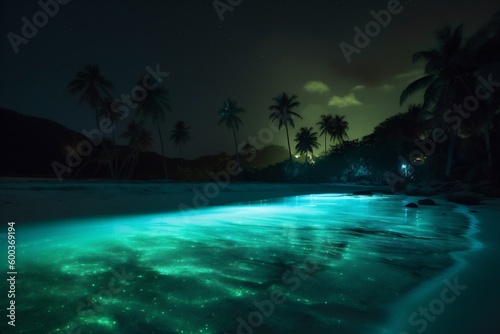 luminous ocean night paradise sky tropical tree vacation blue palm beach. Generative AI.