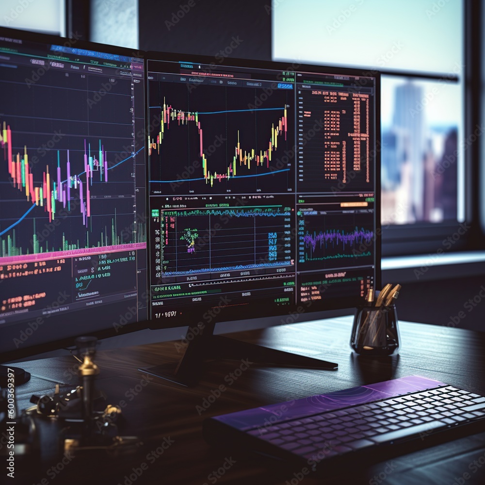Stock market trading graph and candlestick chart on screen monitor background. Financial investment and economic concept. Generative AI Stock market trading graph and candlestick chart on screen monitor background. Financial investment and economic concept. Generative AI