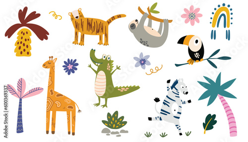 Wild jungle animals set. Collection for kids with cartoon Funny animals, giraffe, tiger, sloth, toucan, zebra, crocodile and tropical florals. For printing on fabric, postcards. Vector illustration