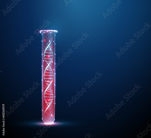 Blue 3d DNA molecule helix inside the lab test tube with red blood
