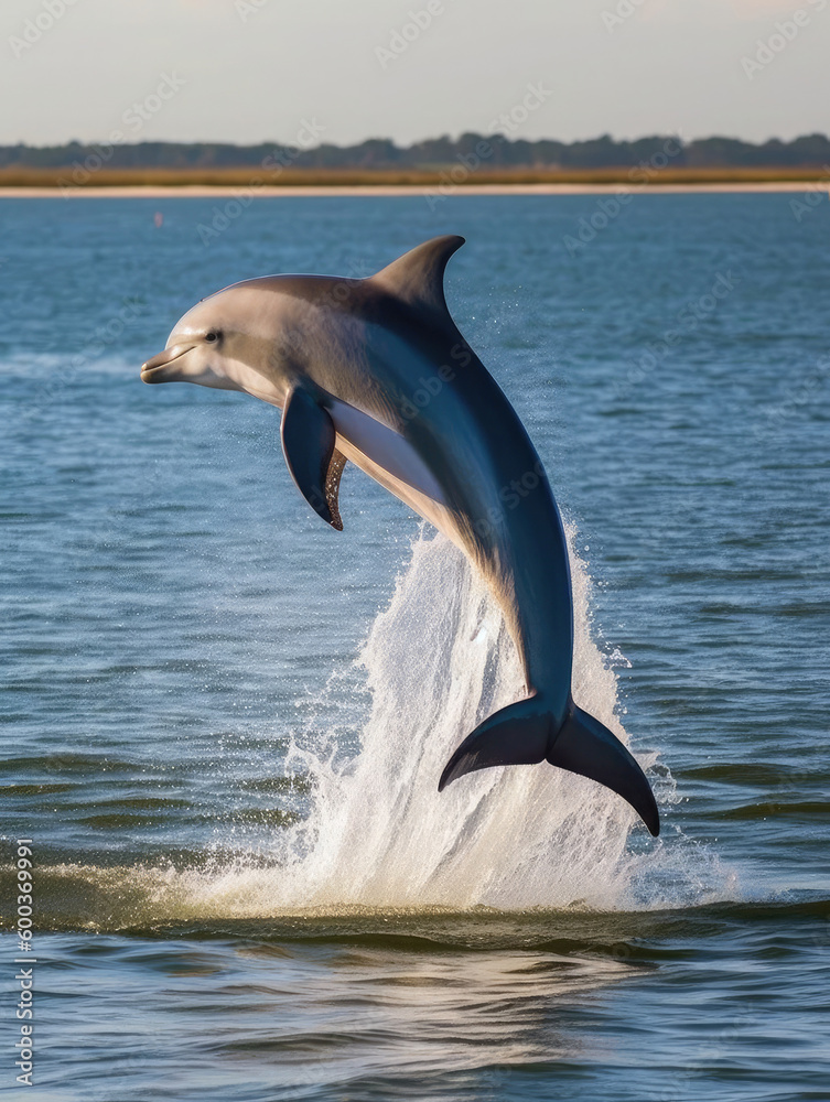 Fototapeta premium Dolphin jumping while swimming in the sea. Generative AI