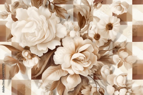 Lovely floral gingham pattern in beige and white, seamlessly tileable and painted with watercolors. Generative AI © Calypso