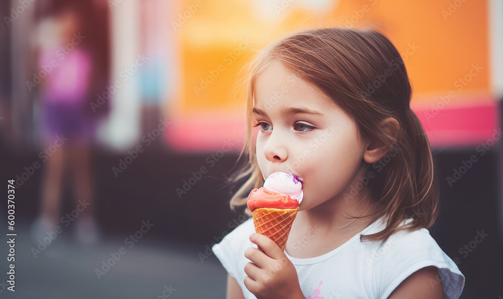 Portrait of a little girl eating ice-cream. Generative AI Portrait of a little girl eating ice-cream. Generative AI