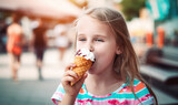 Little girl child eating an ice-cream cone in summer. Generative AI