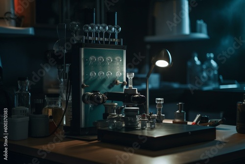 Lab equipment placed on a tabletop. Generative AI