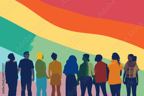 A crowd of people with an LGBTQ+ flag. Human rights peaceful protest. Rainbow banner vector LGBT pride month illustration
