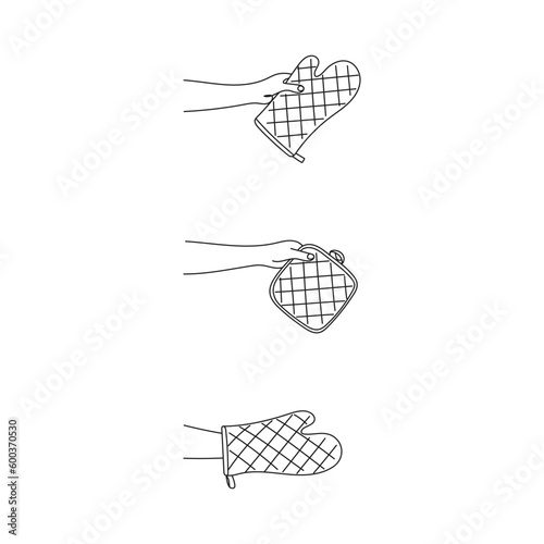 Oven mitt. Chefs protective potholder. Line art. Glove for cooking food. Kitchen accessories. Hand drawn vector illustration.