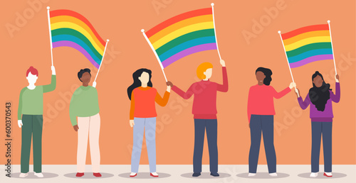 A crowd of people with an LGBTQ+ flag. Human rights peaceful protest. Rainbow banner vector LGBT pride month illustration 