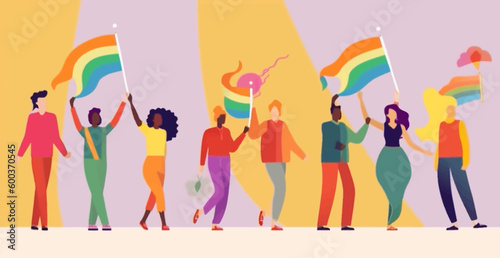 A crowd of people with an LGBTQ+ flag. Human rights peaceful protest. Rainbow banner vector LGBT pride month illustration 