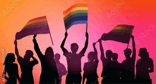 A crowd of people with an LGBTQ+ flag. Human rights peaceful protest. Rainbow banner vector LGBT pride month illustration

