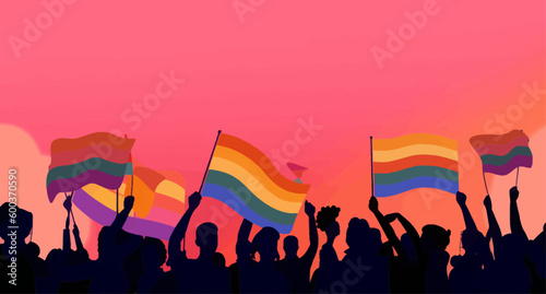 A crowd of people with an LGBTQ+ flag. Human rights peaceful protest. Rainbow banner vector LGBT pride month illustration

