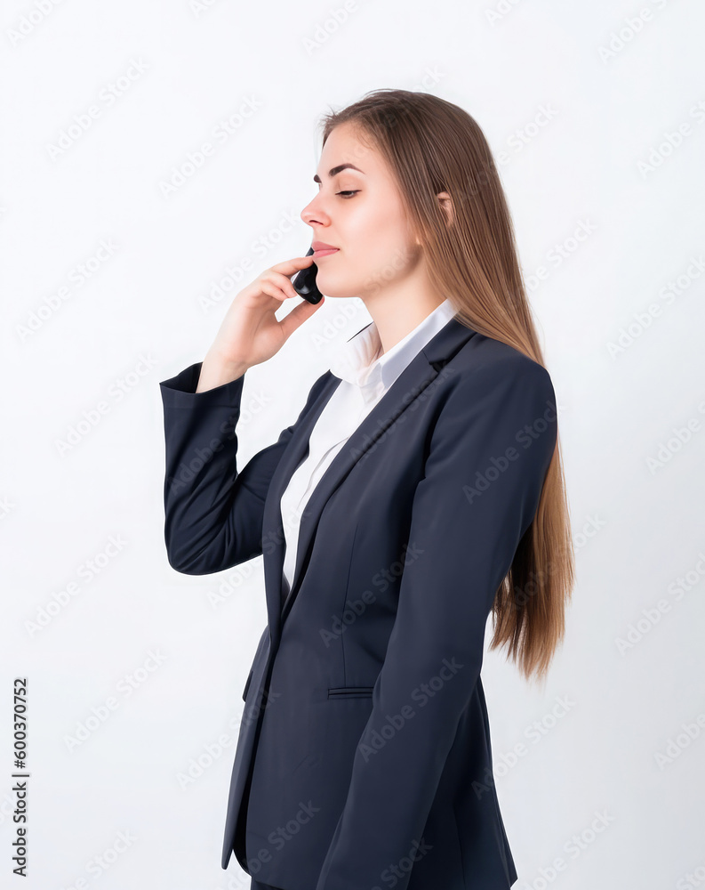 Young businesswoman wearing a suite and talking at the phone. White background. Generative AI Young businesswoman wearing a suite and talking at the phone. White background. Generative AI