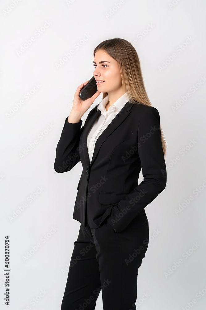 Young businesswoman wearing a suit and talking at the phone. White background. Generative AI Young businesswoman wearing a suit and talking at the phone. White background. Generative AI