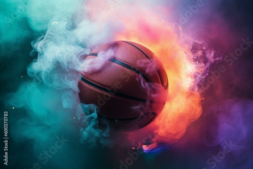 Basketball over colorful smoke. Generative AI © Kiernan