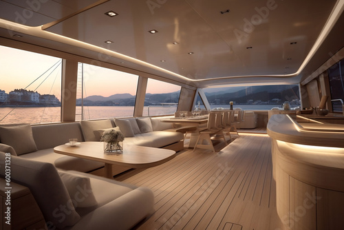 Details of luxury motor yacht interior, furnishing decor of the salon area in a rich modern large sea boat design. Relaxation areas for water travel. Travelling entertainment concept. Generative AI.
