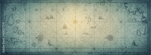 Old map collage background. A concept on the topic of sea voyages, discoveries, pirates, sailors, geography, travel and history. Effect of overlay on old texture of paper.  