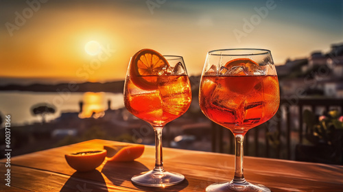 Two glasses of Aperol Spritz and oranges on a table outside in the sunset