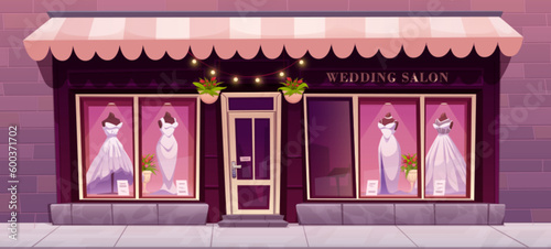 Front view vintage wedding salon cartoon background. Vector bridal boutique facade with garland. White dress display in showroom on mannequin. Beautiful storefront near brick wall with flower pot.