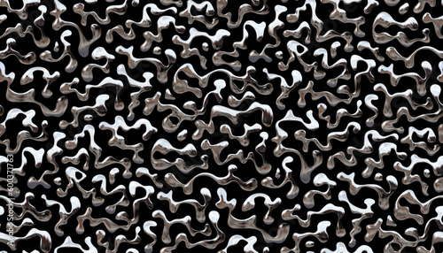 Abstract seamless pattern with chrome wave like amorphous liquid metal elements, Y2K and futuristic design background
