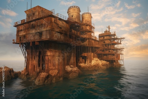 Rusty metal fortress sea. Generate Ai