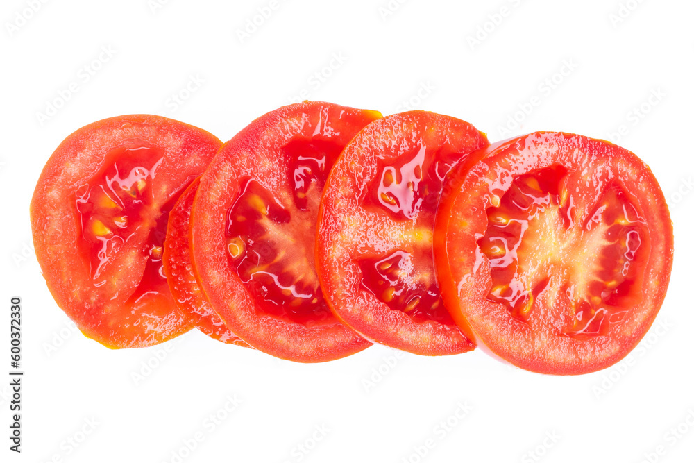 Slice of tomatoes isolated on white background. Top view, flat lay. Slice of tomatoes isolated on white background. Top view, flat lay.