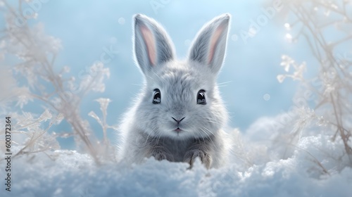 A cute white rabbit in winter. Generative AI