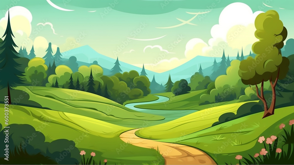 Nature Green Landscape with trees, mountains and river created with Generative AI technology Nature Green Landscape with trees, mountains and river created with Generative AI technology