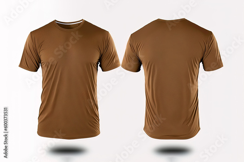 Photo realistic male brown t-shirts with copy space, front and back view. Created with Generative AI Technology