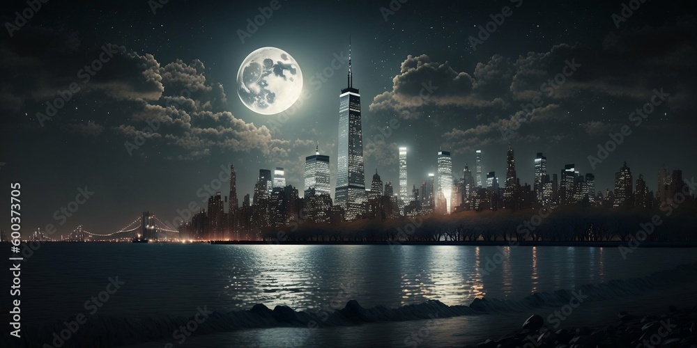 Gorgeous nighttime view of Manhattan city. Night city wallpape. Generative IA