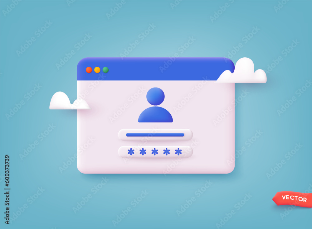 Computer and account login and password form page. Sign in to account, user authorization, login authentication page concept. Username, password fields. 3D Web Vector Illustrations. - obrazy, fototapety, plakaty 